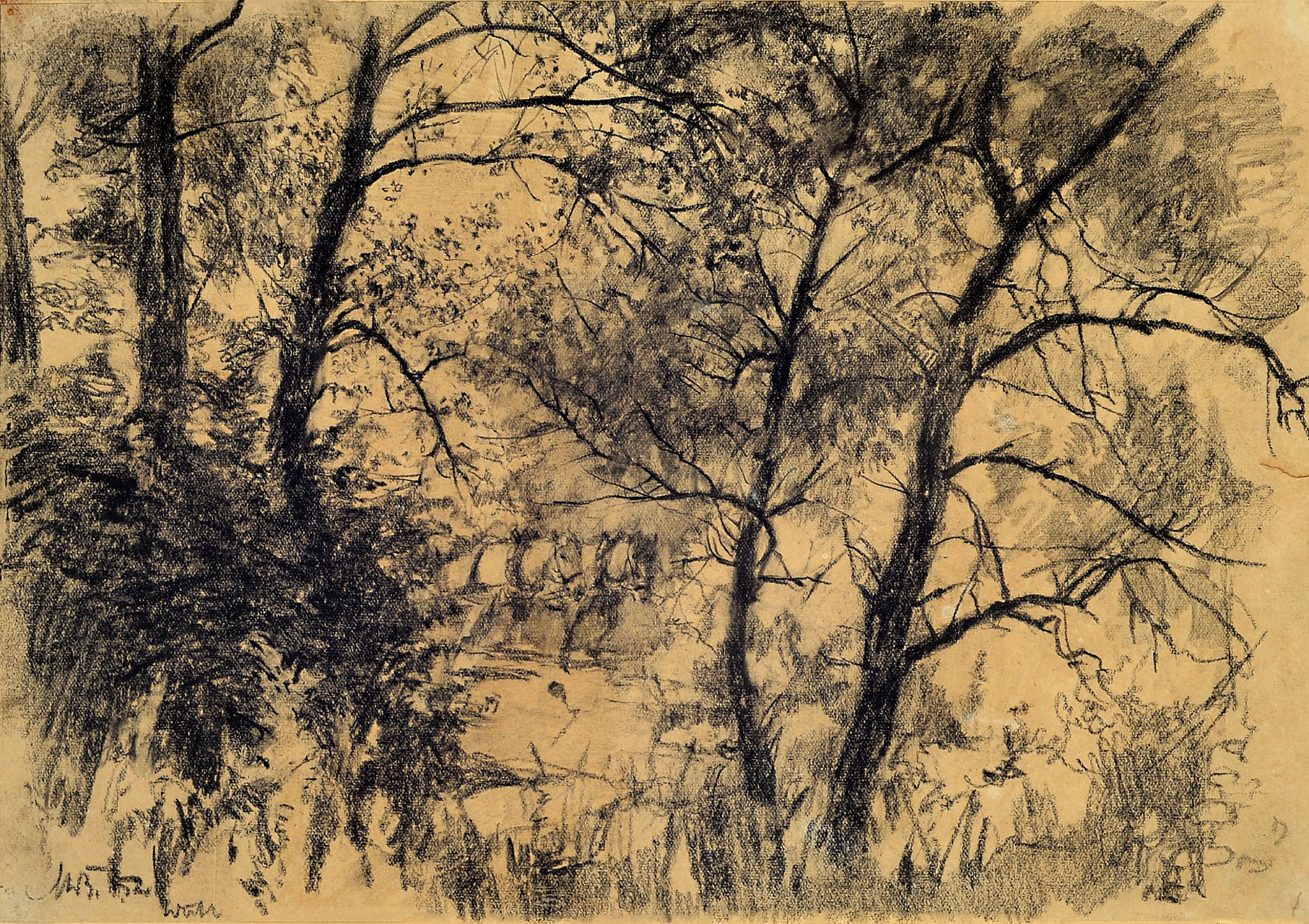 Image 27128567 - Max Bergmann, 1884 Fürstenberg-1955 Haimhausen, Kohlezeichnung, Pferdefuhrwerk im Wald, ...