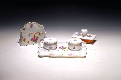Image Desk set, German, around 1900, porcelain, colorful floral decor, gold edges rubbed, shelf ...