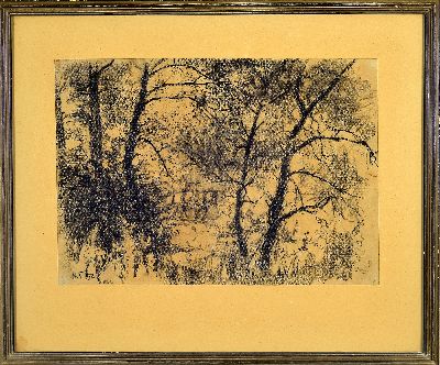 27128567k - Max Bergmann, 1884 Fürstenberg-1955 Haimhausen, Kohlezeichnung, Pferdefuhrwerk im Wald, ...