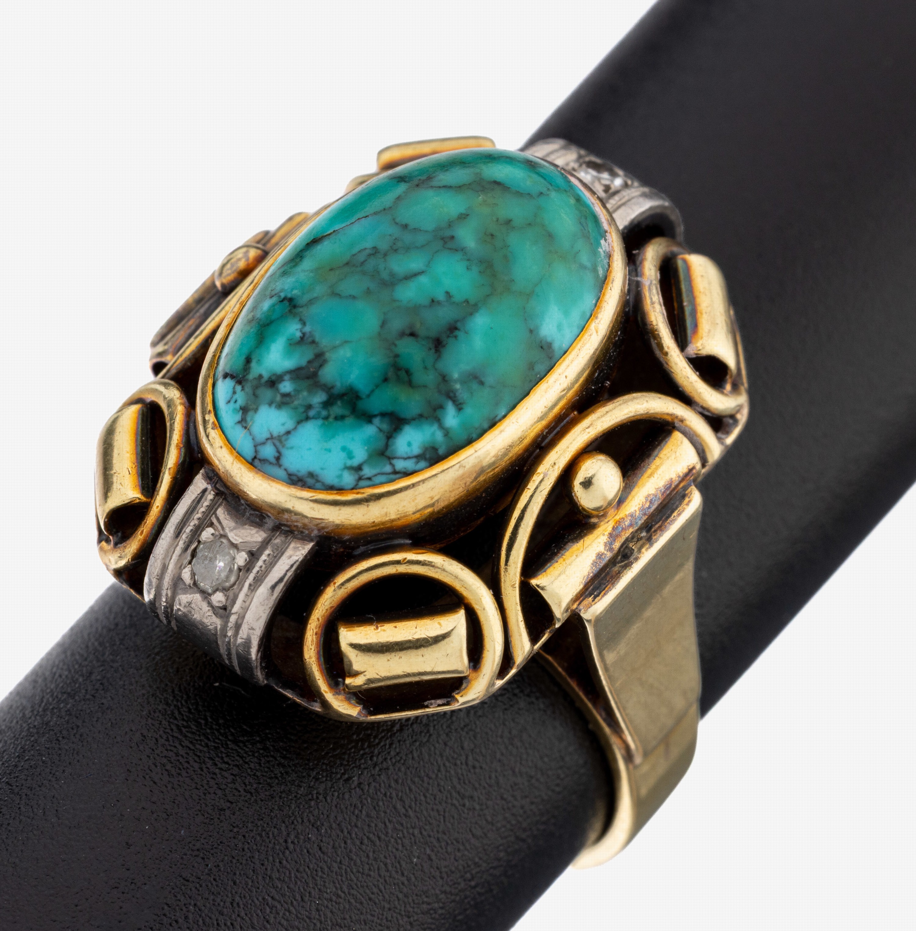 Image 27128607 - 14 kt Gold Türkis-Diamant-Ring, 1950er Jahre, GG/WG 585/000, qualitätvolle ...