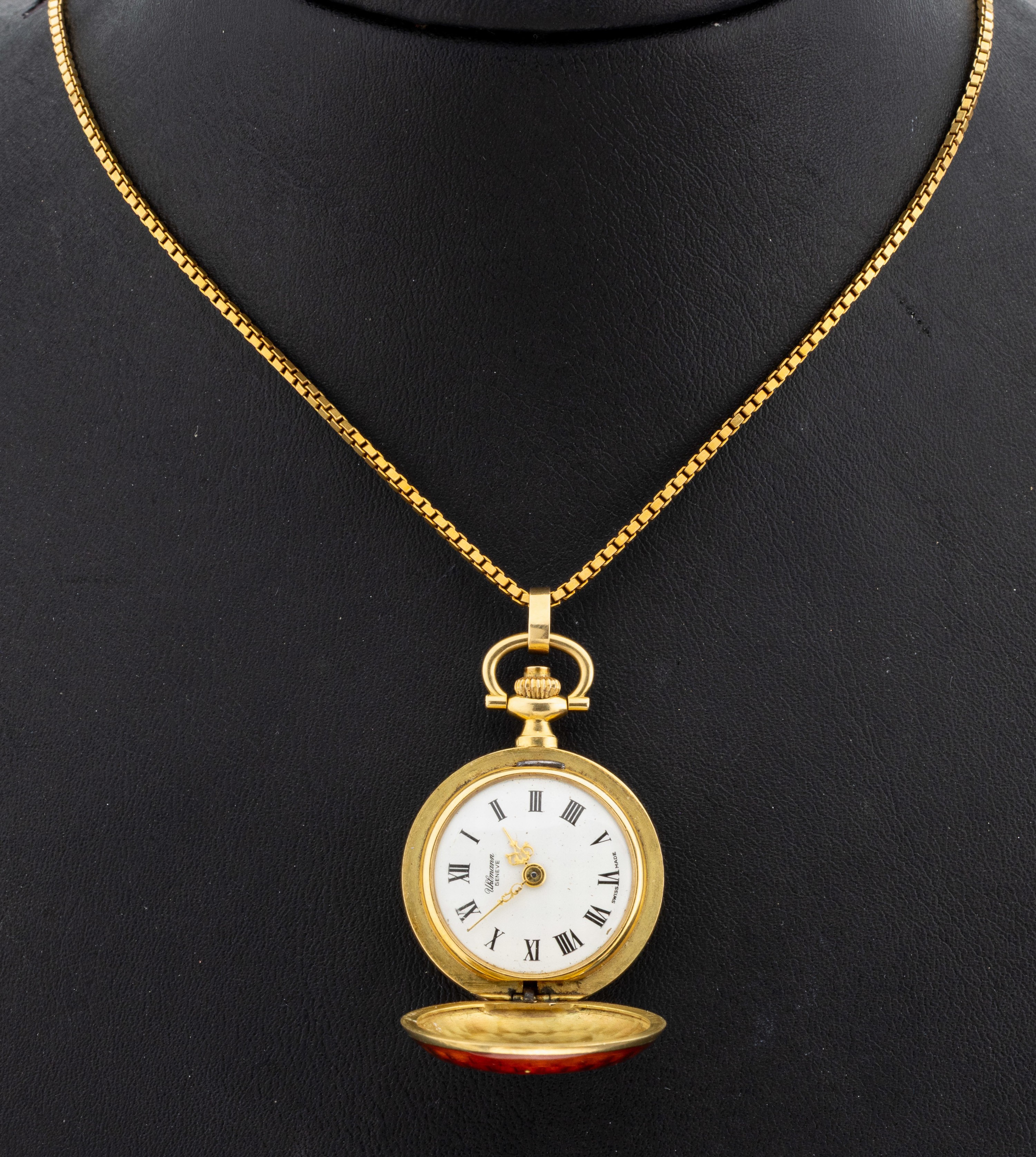 Detail a: 18 kt Gold Email-Taschenuhr, Schweiz, 1970er Jahre, GG 750/000, runde Taschenuhr, Deckelund Boden mit orangefarb. Email auf guillochiertem Grund, ...