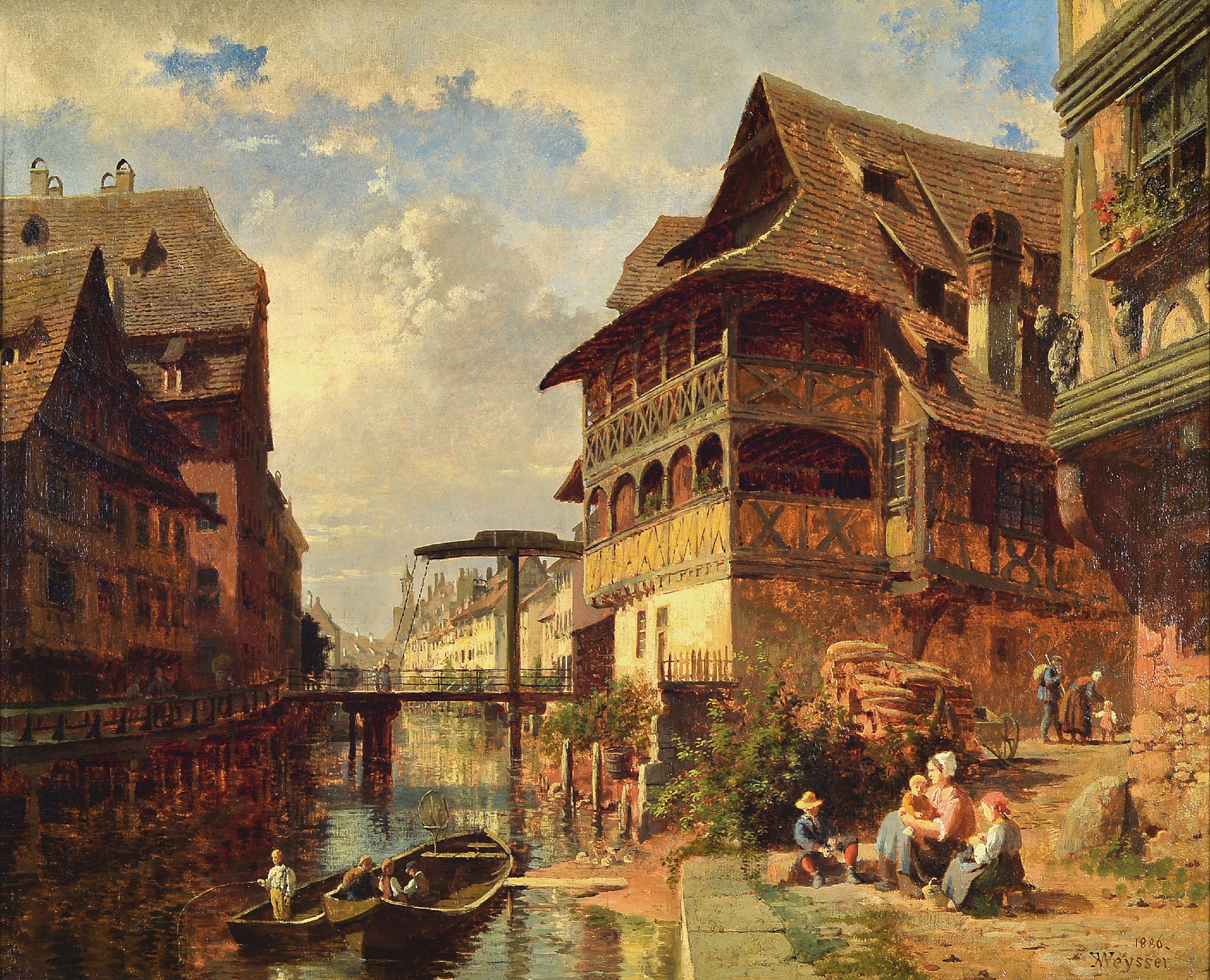 Image 27128617 - Karl Weysser, 1883 Durlach-1904 Heidelberg, Flußlauf zwischen Fachwerkhäusern´ (WVZ ...
