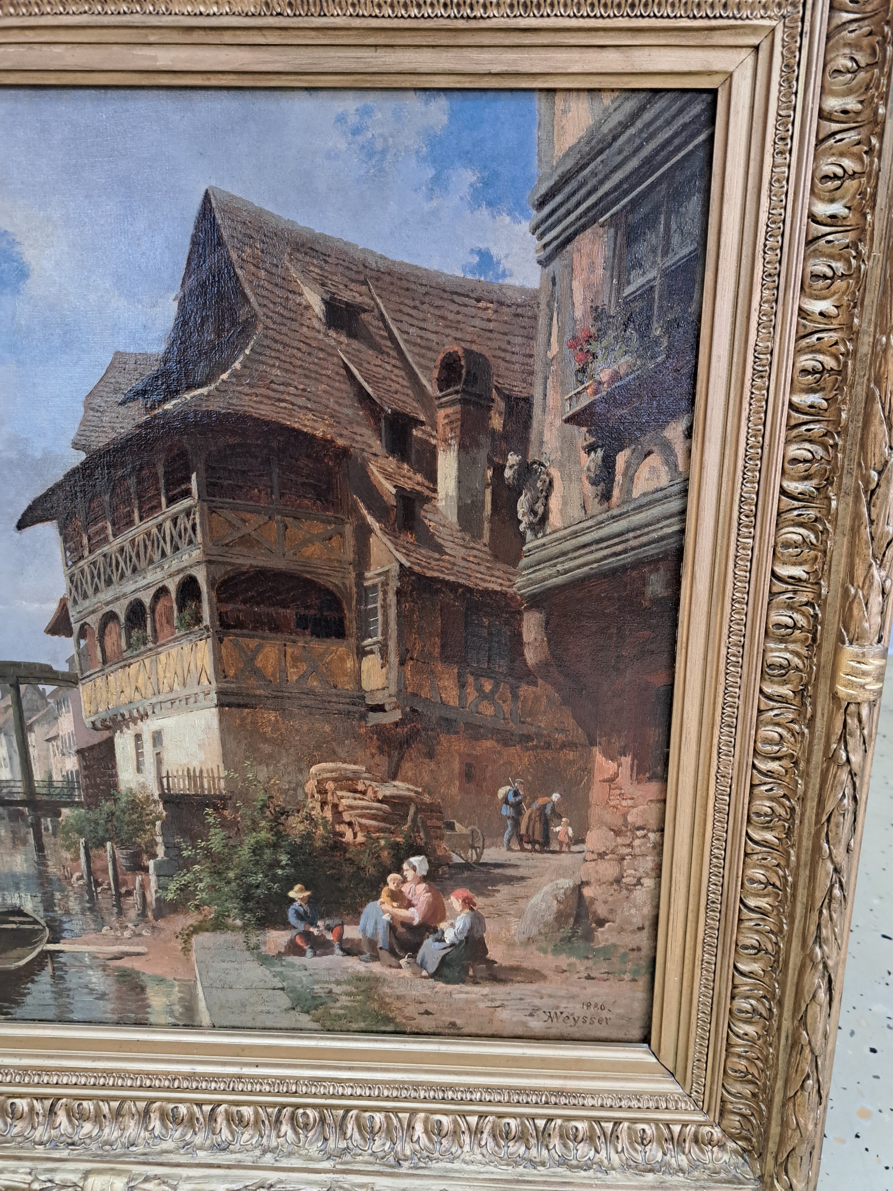 Detail b: Karl Weysser, 1883 Durlach-1904 Heidelberg, Flußlauf zwischen Fachwerkhäusern" (WVZ Lehmann 1996, Nr. G 405?), wohl Gerbergraben ...
