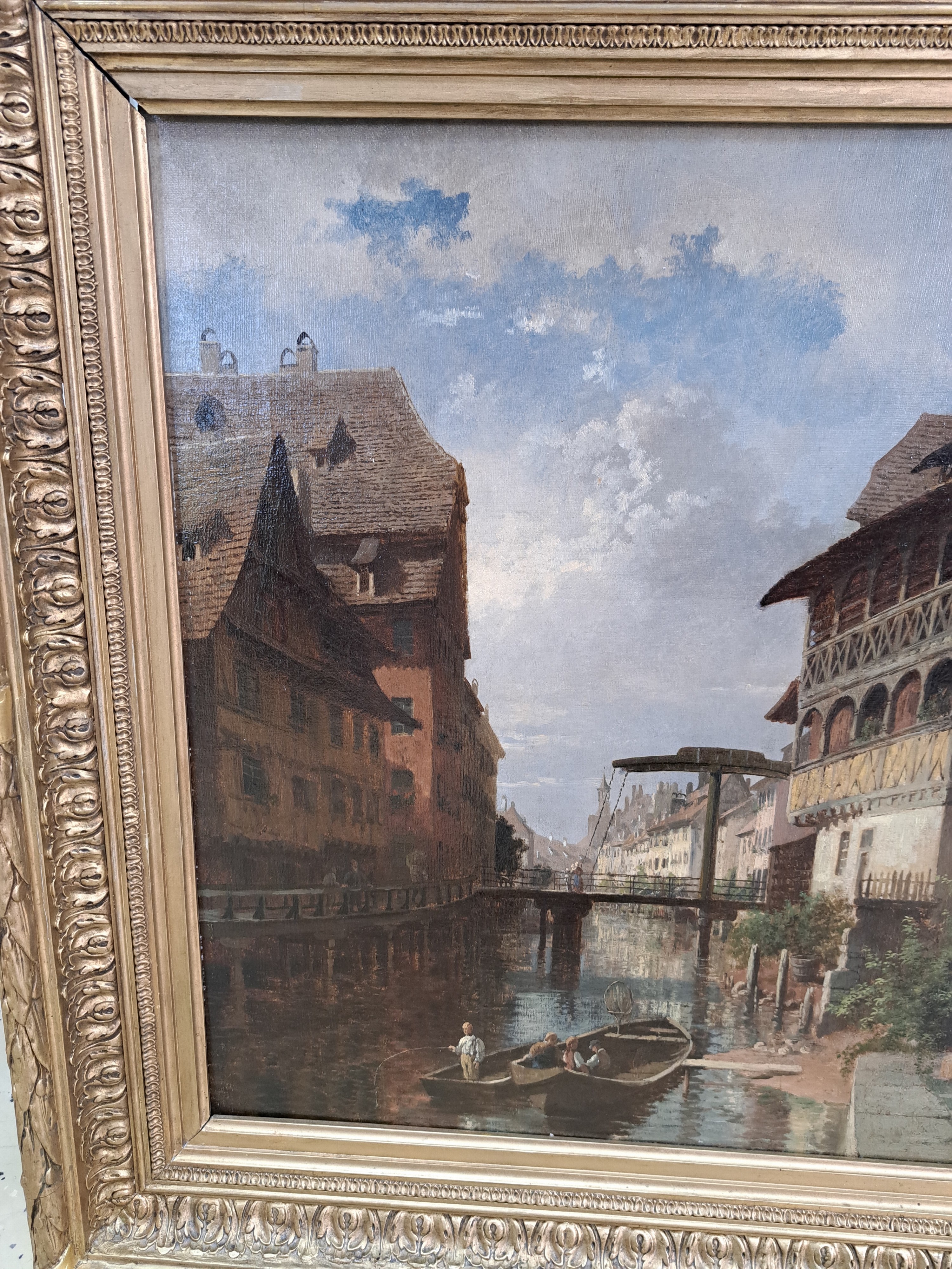 Detail d: Karl Weysser, 1883 Durlach-1904 Heidelberg, Flußlauf zwischen Fachwerkhäusern" (WVZ Lehmann 1996, Nr. G 405?), wohl Gerbergraben ...