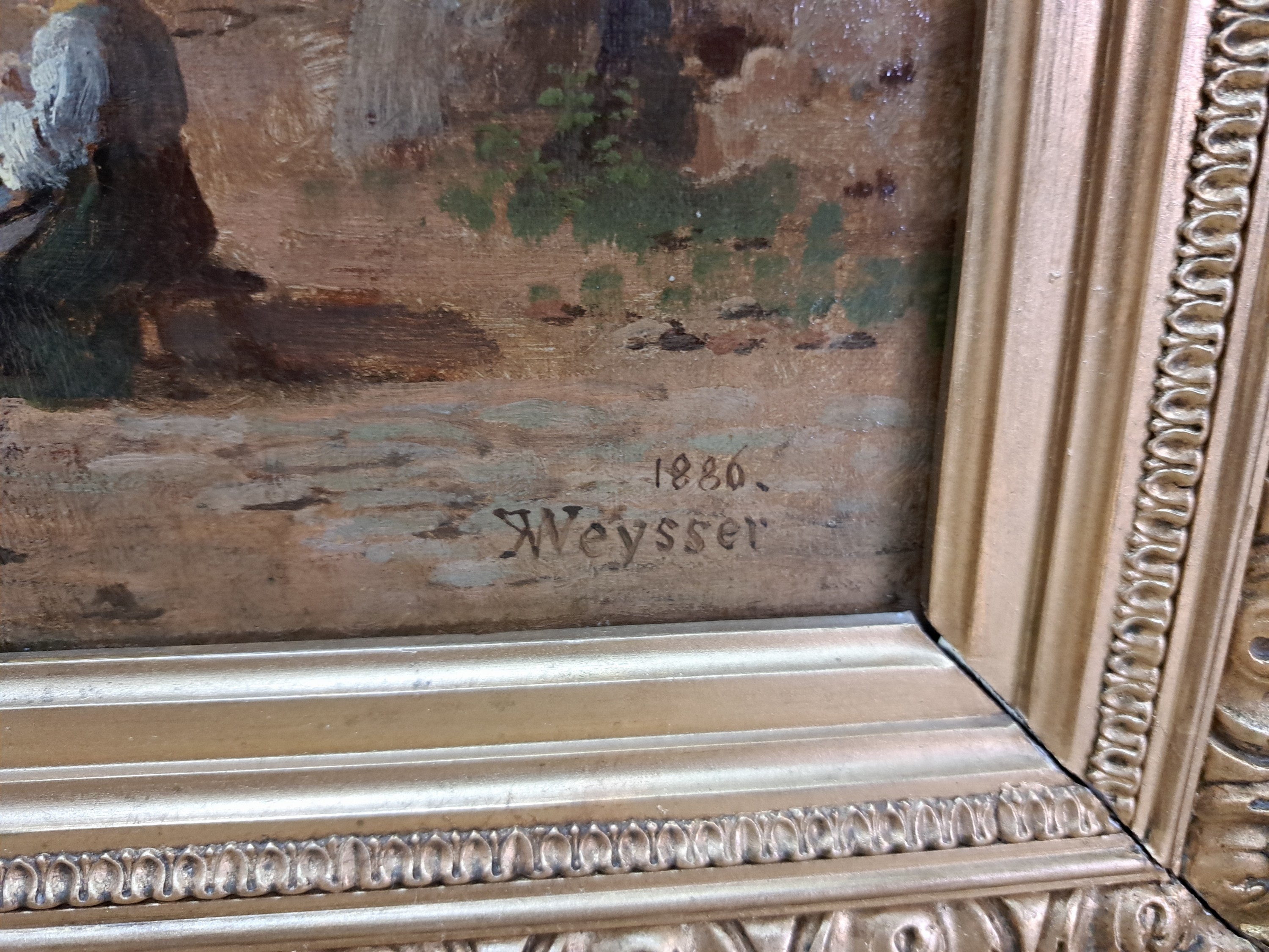 Detail e: Karl Weysser, 1883 Durlach-1904 Heidelberg, Flußlauf zwischen Fachwerkhäusern" (WVZ Lehmann 1996, Nr. G 405?), wohl Gerbergraben ...