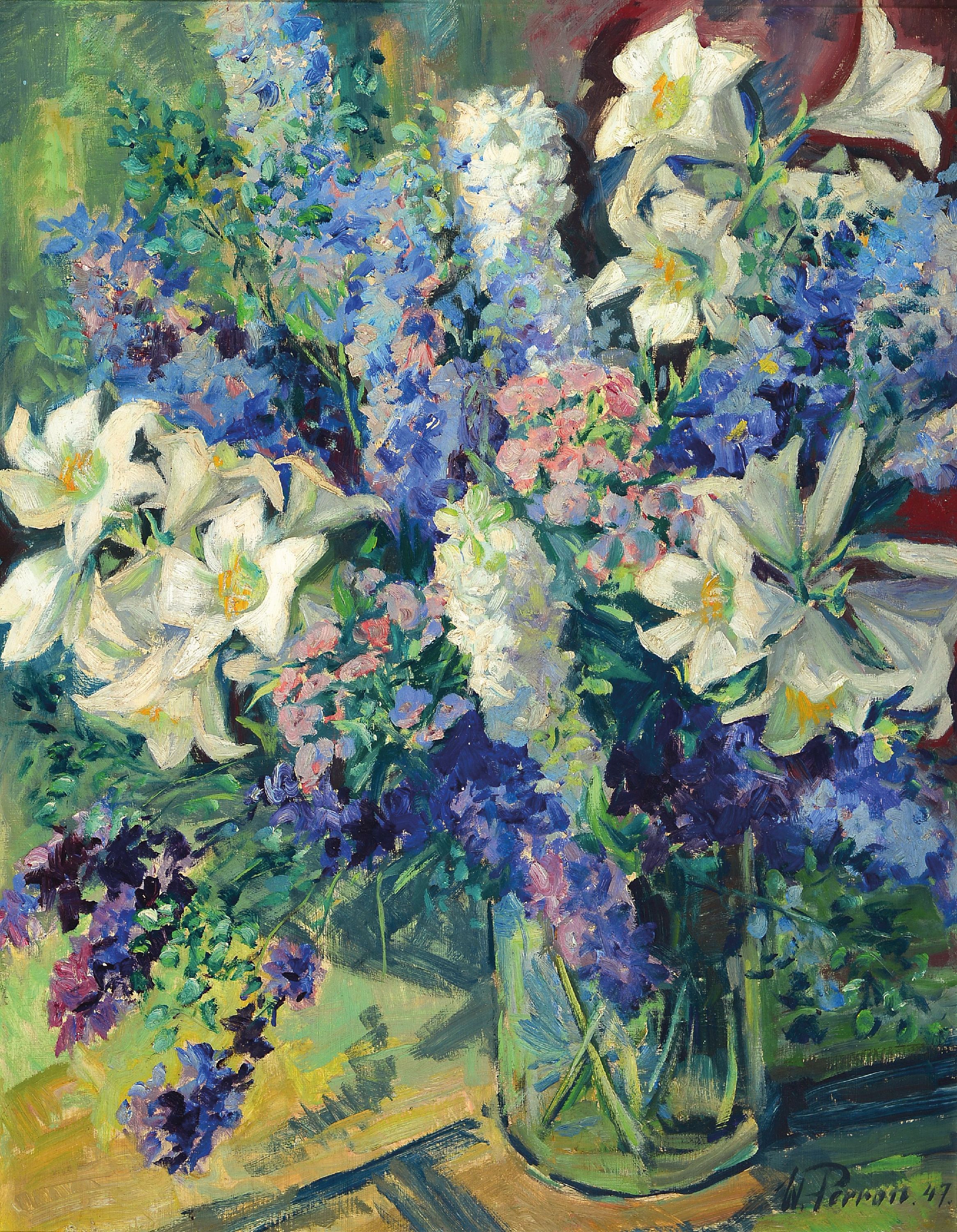 Image 27128619 - Walter Perron, 1895-1970 Frankenthal/Pfalz, großes Blumenstillleben mit Rittersporn und ...