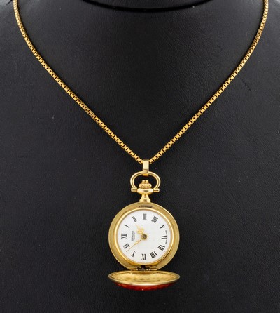 27128609a - 18 kt Gold Email-Taschenuhr, Schweiz, 1970er Jahre, GG 750/000, runde Taschenuhr, ...