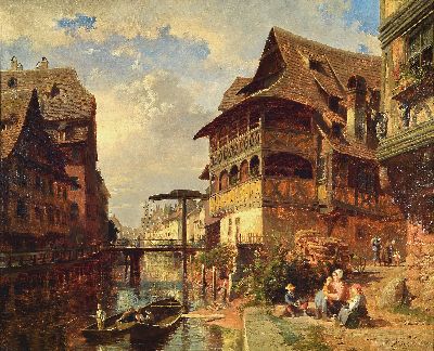 Image Karl Weysser, 1883 Durlach-1904 Heidelberg, Flußlauf zwischen Fachwerkhäusern´ (WVZ ...