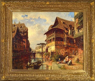27128617k - Karl Weysser, 1883 Durlach-1904 Heidelberg, Flußlauf zwischen Fachwerkhäusern´ (WVZ ...