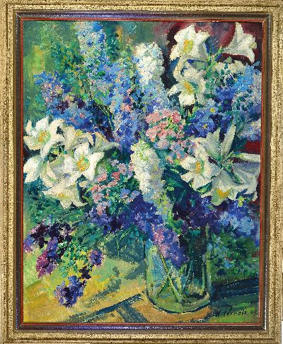 27128619k - Walter Perron, 1895-1970 Frankenthal/Pfalz, großes Blumenstillleben mit Rittersporn und ...