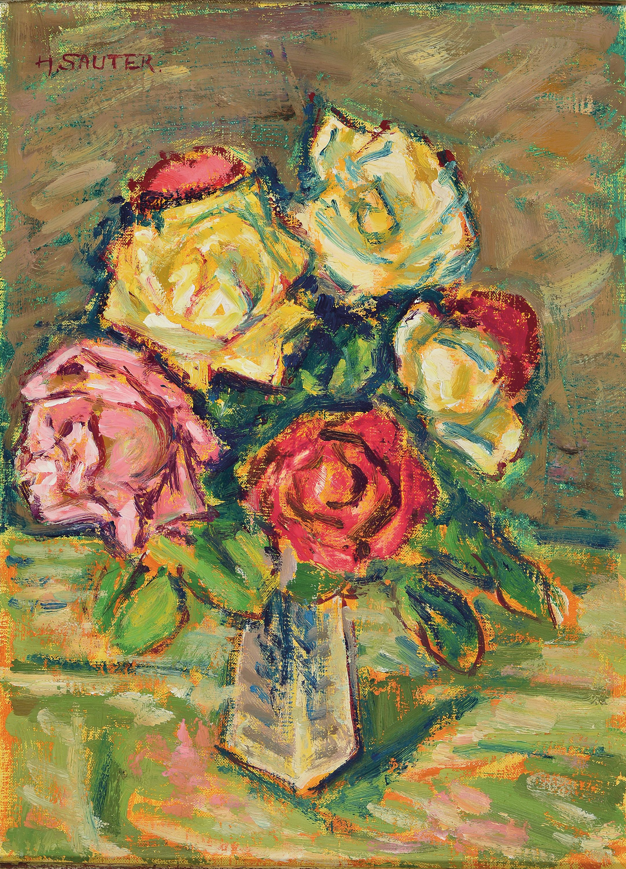 Image 27128892 - Hermann Sauter, 1891 Germersheim-1981 Landau, Stillleben mit Rosen, Öl/Lwd, links oben ...