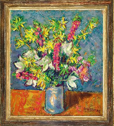 27128891k - Hermann Sauter, 1891 Germersheim-1981 Landau, Blumen in zylindrischer Vase, Öl/Lwd, ...
