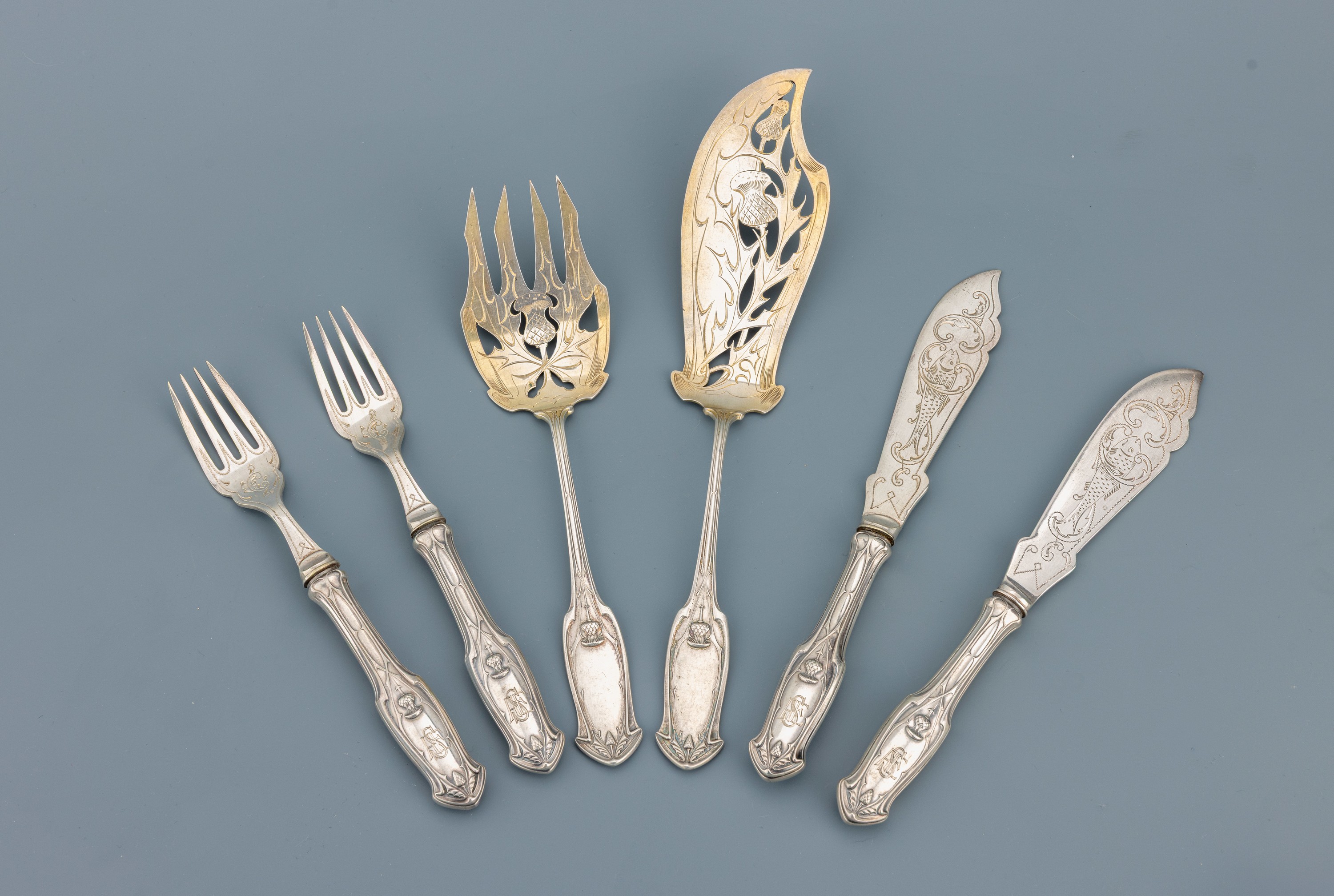 Image 27128909 - Jugendstil-Fischbesteck für 6 Personen, deutsch um 1900, 800er Silber, teilvergoldet, ...