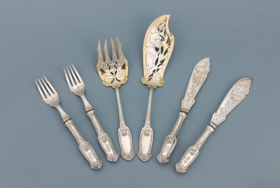 Image Jugendstil-Fischbesteck für 6 Personen, deutsch um 1900, 800er Silber, teilvergoldet, ...