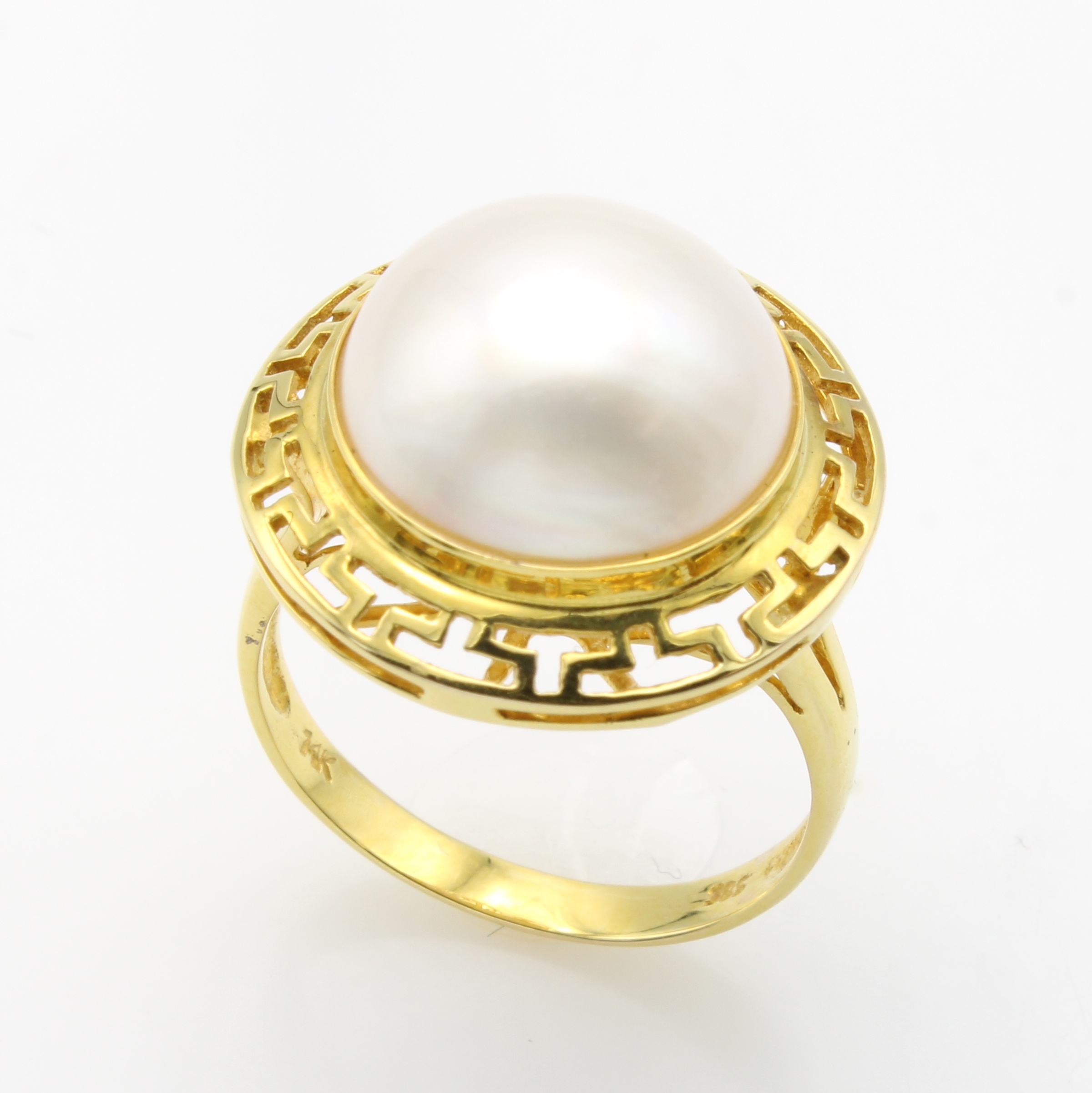 Image 27129260 - Ring mit Mabeperle, GG 585/000, Ringkopf durchbrochen, weiße Perle ca. 13 mm, RW ca. 56 ...