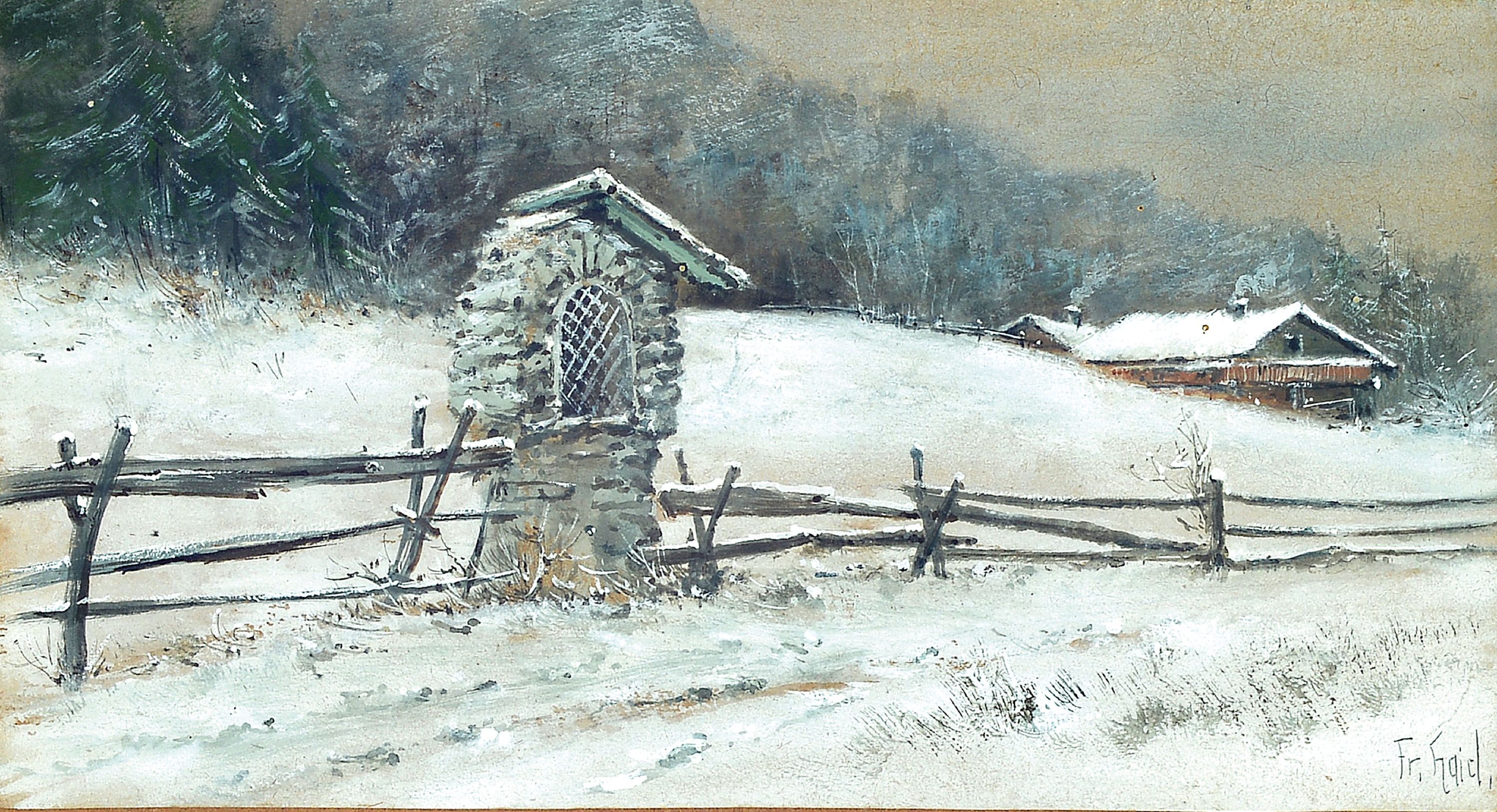 Image 27130051 - Fritz Haid, 1906-1985 München, Aquarell, Marterl in süddeutscher Winterlandschaft, ...