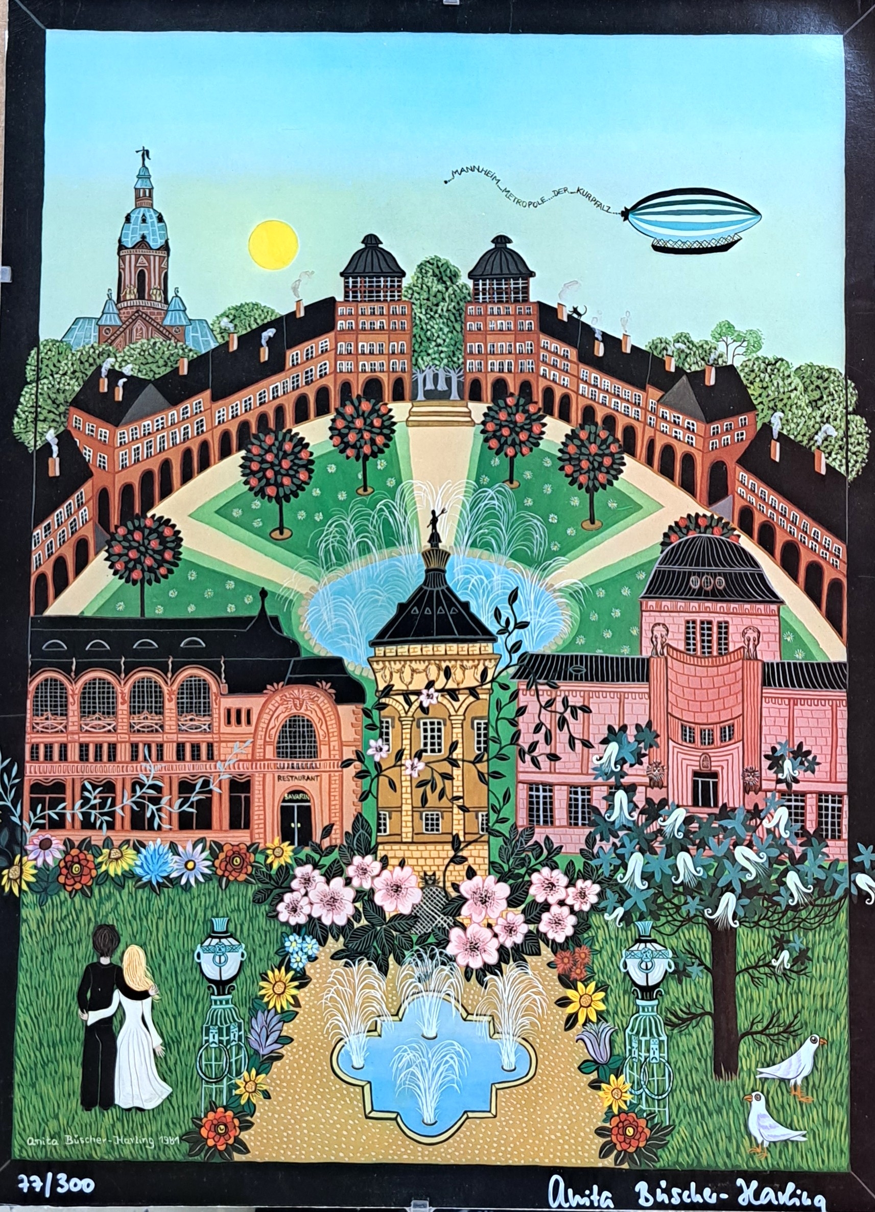 Detail a: Anita Büscher, 1940 Oggersheim-2012, Konvolut von 4 Arbeiten: für die Künstlerin typisch naiv-phantastische Kompositionen Mühle mit Obst und ...
