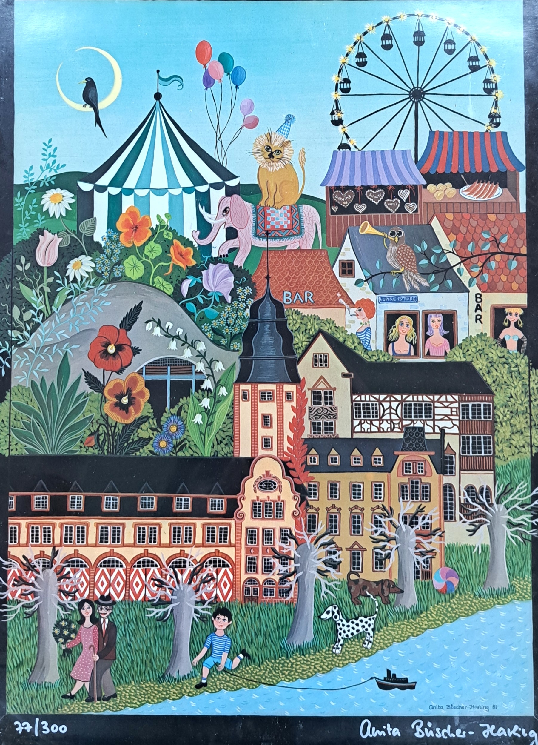 Detail b: Anita Büscher, 1940 Oggersheim-2012, Konvolut von 4 Arbeiten: für die Künstlerin typisch naiv-phantastische Kompositionen Mühle mit Obst und ...