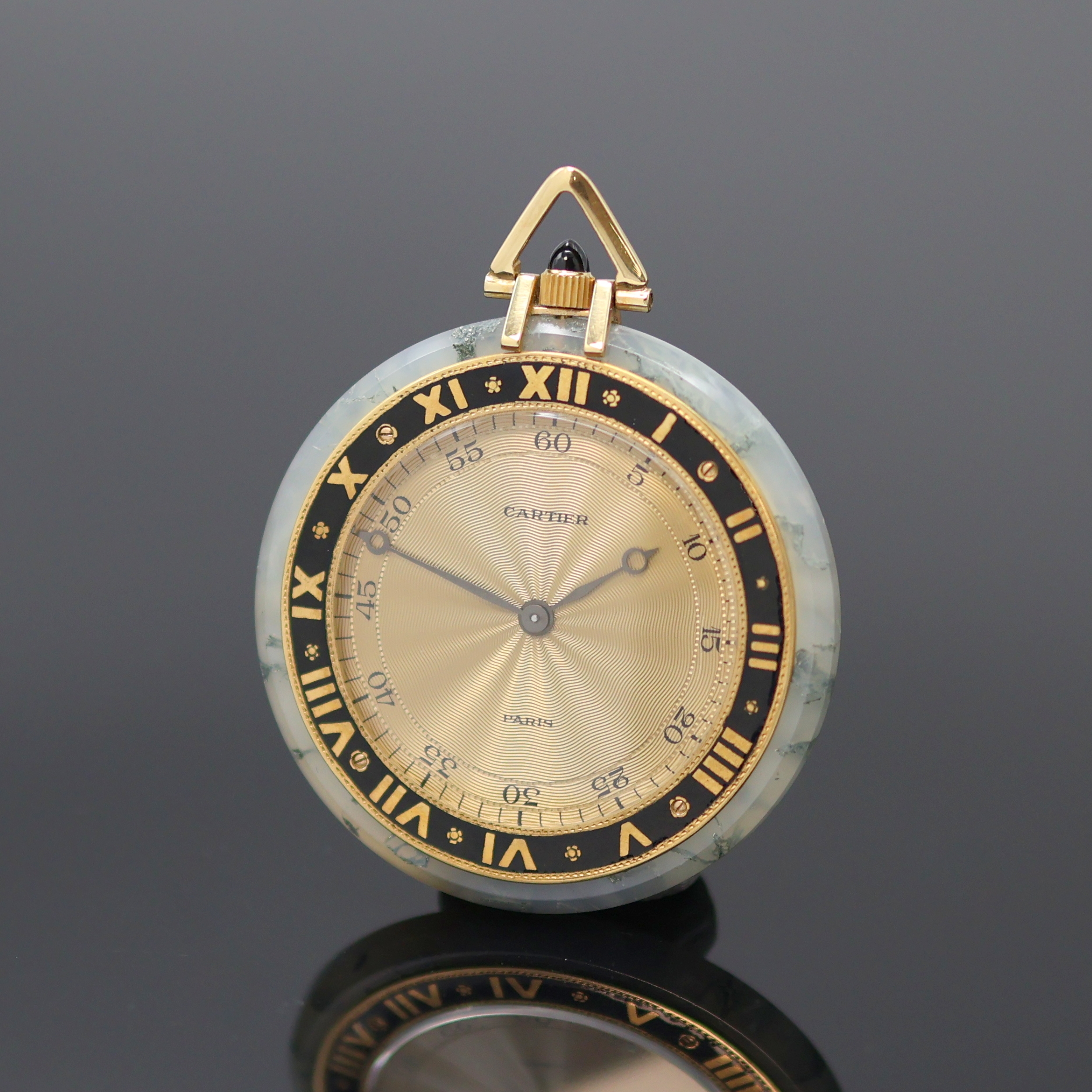 Image 27130103 - CARTIER seltene Taschenuhr in Moosachat mit Montierungen in GG 750/000, Schweiz / ...