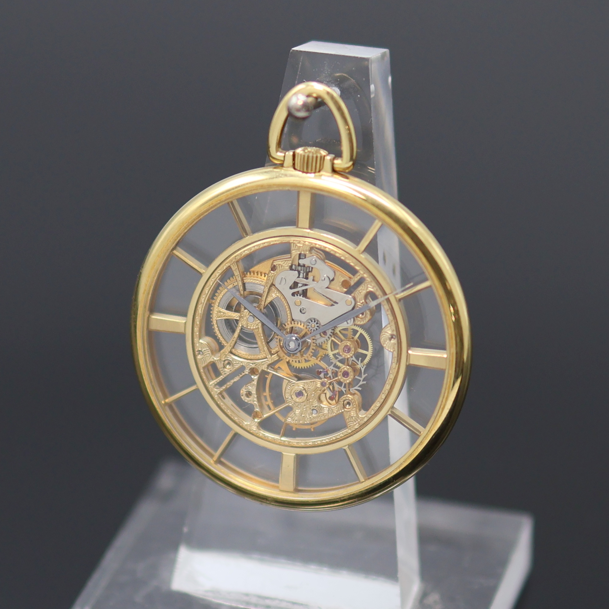 Image 27130107 - COMOR fein skelettierte Taschenuhr in GG 750/000, Schweiz um 1990, Handaufzug, beids. ...