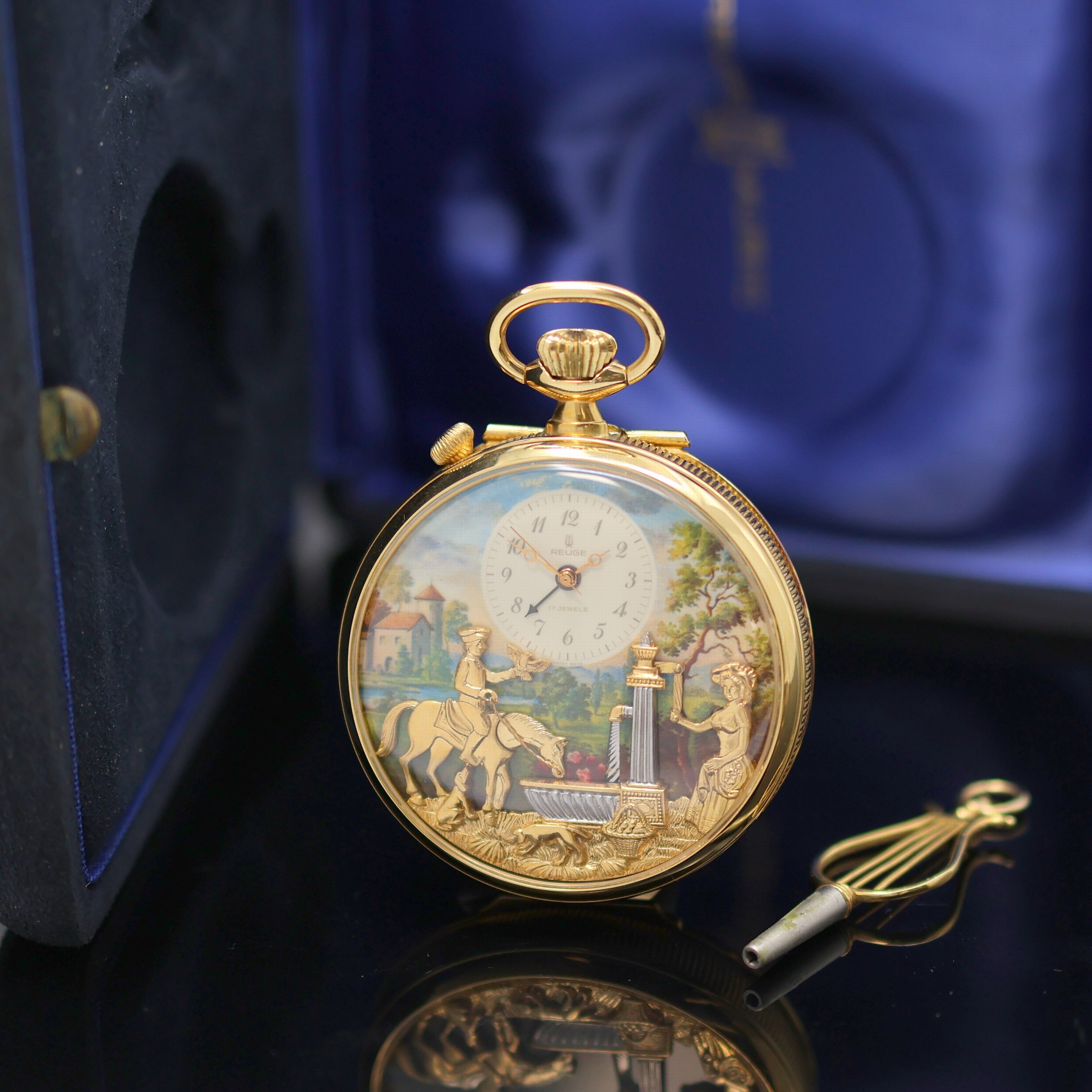 Image 27130110 - REUGE vergoldete Taschenuhr mit 4 Automaten und Wecker mit Musik in original Box, ...