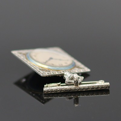 27130104c - Quadratische Emailuhr mit Diamantbesatz in GG 750/000 an späterer Brosche in WG 585/000, ...