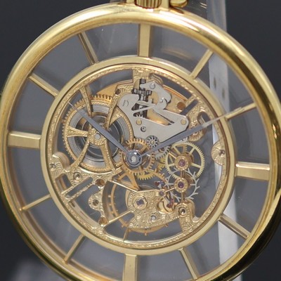 27130107a - COMOR fein skelettierte Taschenuhr in GG 750/000, Schweiz um 1990, Handaufzug, beids. ...