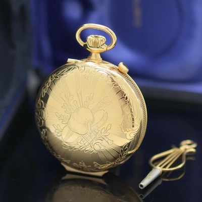 27130110a - REUGE vergoldete Taschenuhr mit 4 Automaten und Wecker mit Musik in original Box, ...