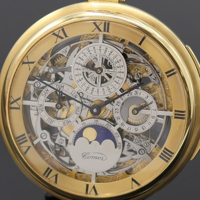 27130111a - COMOR feine und seltene, skelettierte Taschenuhr m. ewigem Kalender und Minutenrepetition ...