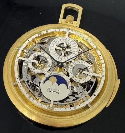27130111f - COMOR feine und seltene, skelettierte Taschenuhr m. ewigem Kalender und Minutenrepetition ...