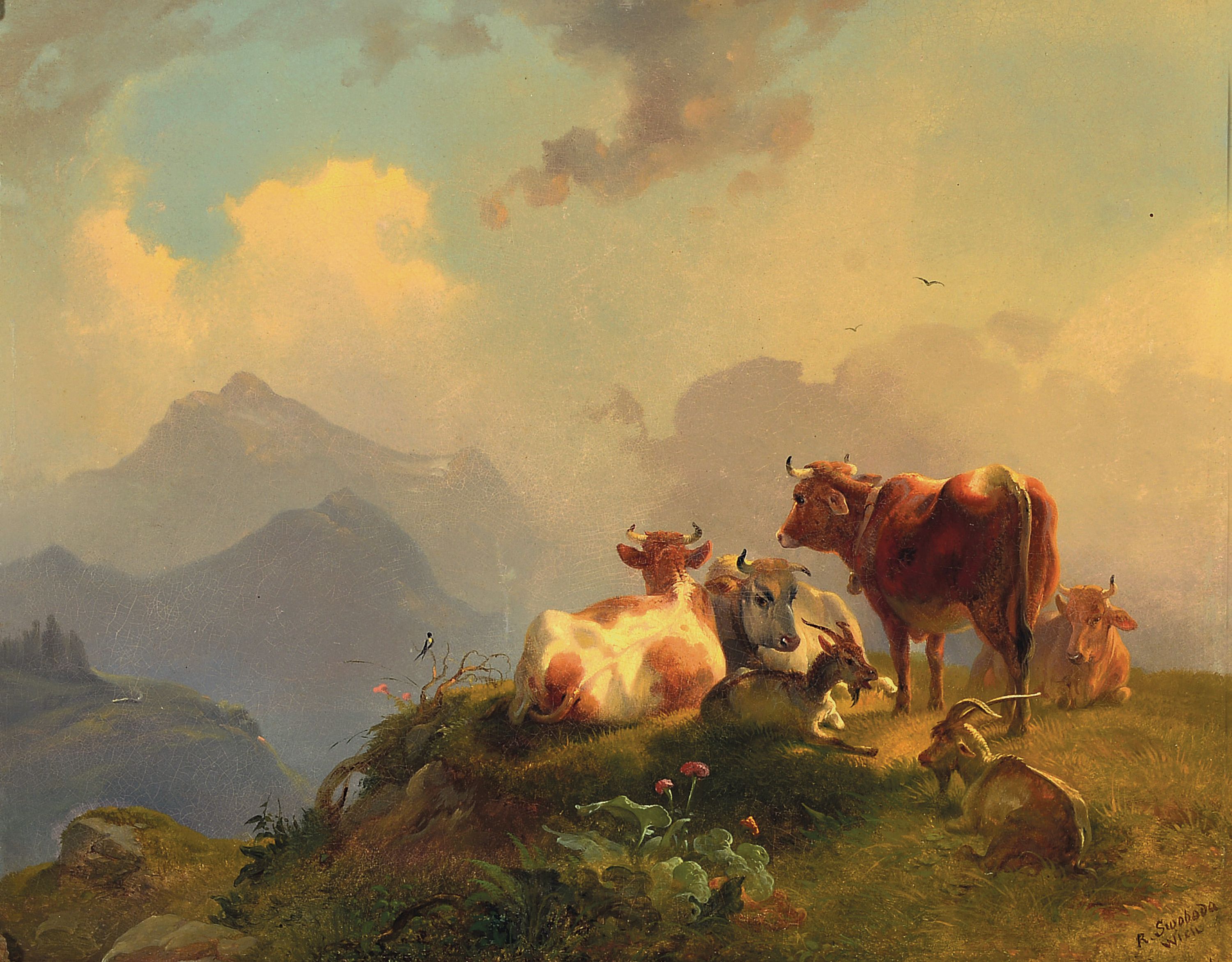 Image 27130356 - Rudolf Swoboda, 1819-1859 Wien, Ziegen und Rinder in alpiner Hochgebirgslandschaft, ...