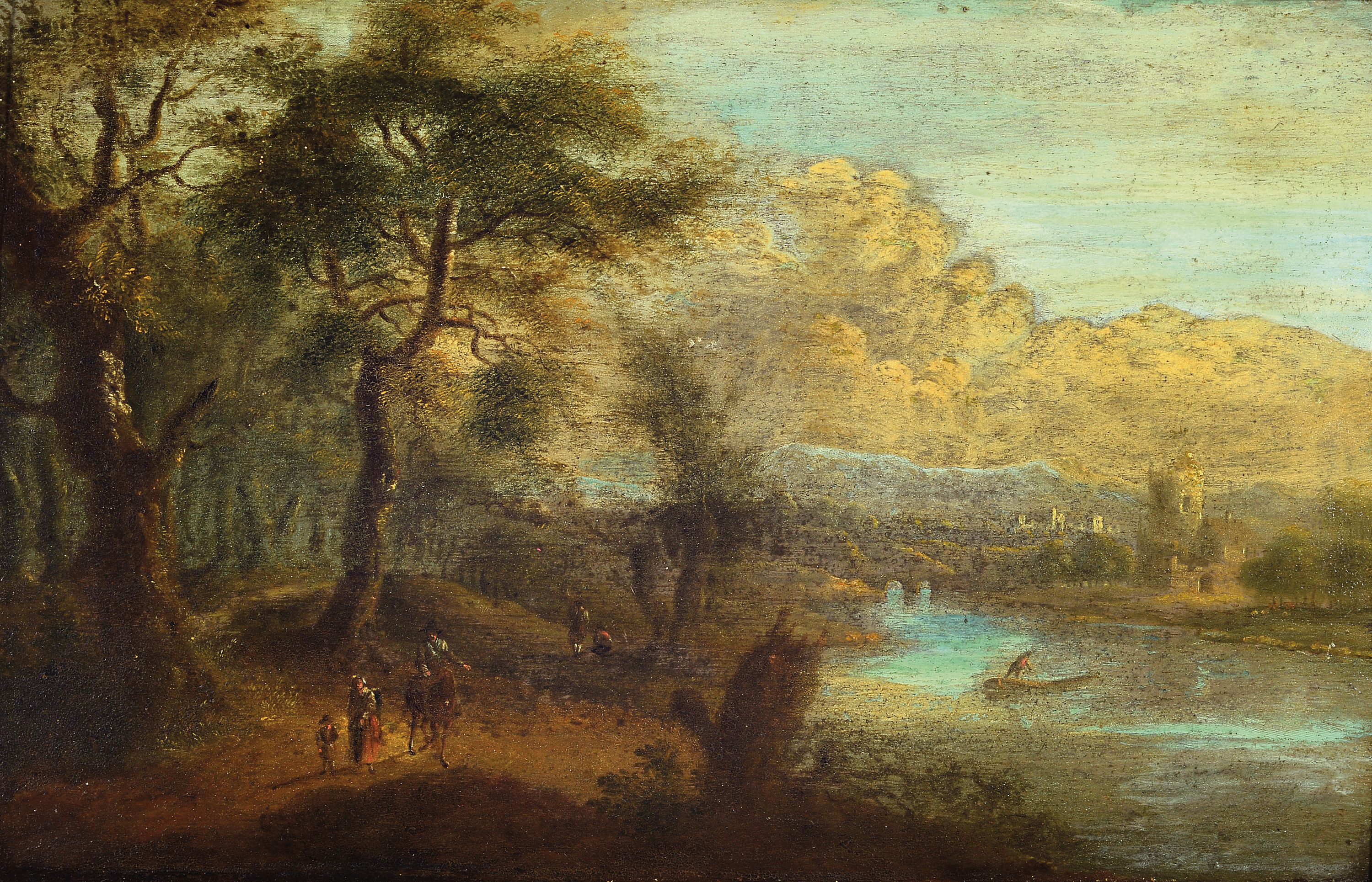 Image 27130385 - Unbekannter Künstler des 18.Jh., Flusslandschaft mit Figurenstaffage und der Kulisse ...