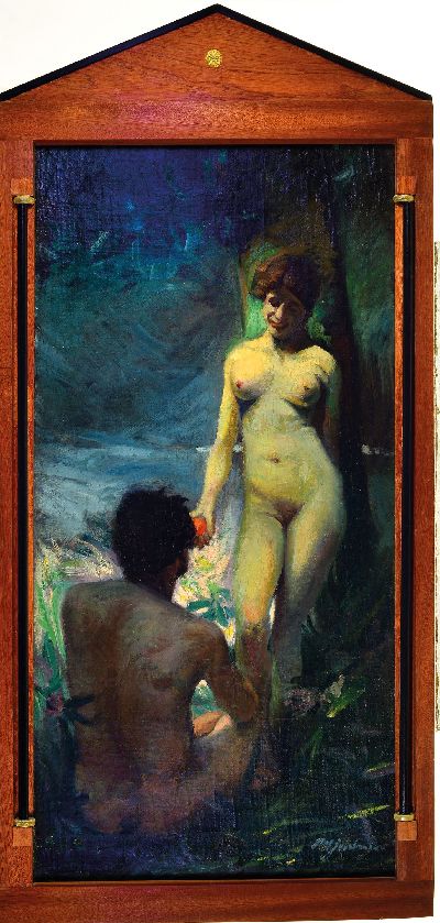 27130323k - Albert Haueisen, 1872 Stuttgart-1954 Kandel/Pfalz, Sündenfall, Eva reicht Adam den ...