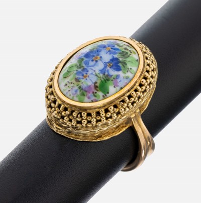 Image 14 kt Gold Ring mit Meissener Porzellan, GG 585/000, Porzellaneinlage MEISSEN mit ...