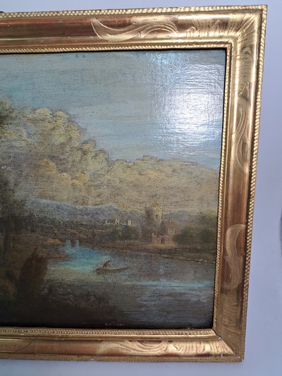 27130385a - Unbekannter Künstler des 18.Jh., Flusslandschaft mit Figurenstaffage und der Kulisse ...