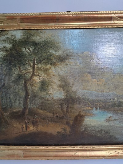 27130385b - Unbekannter Künstler des 18.Jh., Flusslandschaft mit Figurenstaffage und der Kulisse ...