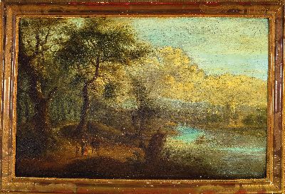27130385k - Unbekannter Künstler des 18.Jh., Flusslandschaft mit Figurenstaffage und der Kulisse ...