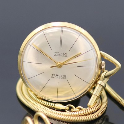 27130398a - FREI VO Frackuhr in GG 585/000, Handaufzug, Schweiz um 1960, 2-teil. Geh., Glasrand ...