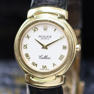 27130409a - ROLEX Damenarmbanduhr Serie Cellini Referenz 6621/8, LC 100, GG 750/000 inkl. Lederband ...
