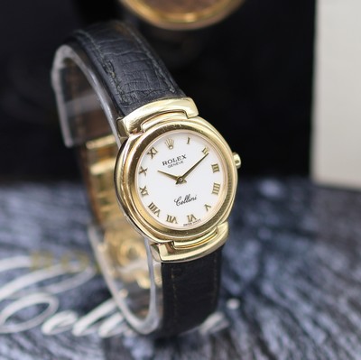 27130409b - ROLEX Damenarmbanduhr Serie Cellini Referenz 6621/8, LC 100, GG 750/000 inkl. Lederband ...