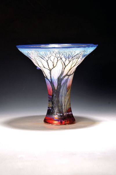 Image Funnel vase, Eisch, Bavarian Forest, 1992, colorless glass, inside with white melts in ...