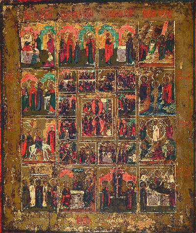 27130580k - Festtagsikone, Russland, 19.Jh., Tempera auf Holz, Goldstaffage, zentrales Bildfeld mit ...