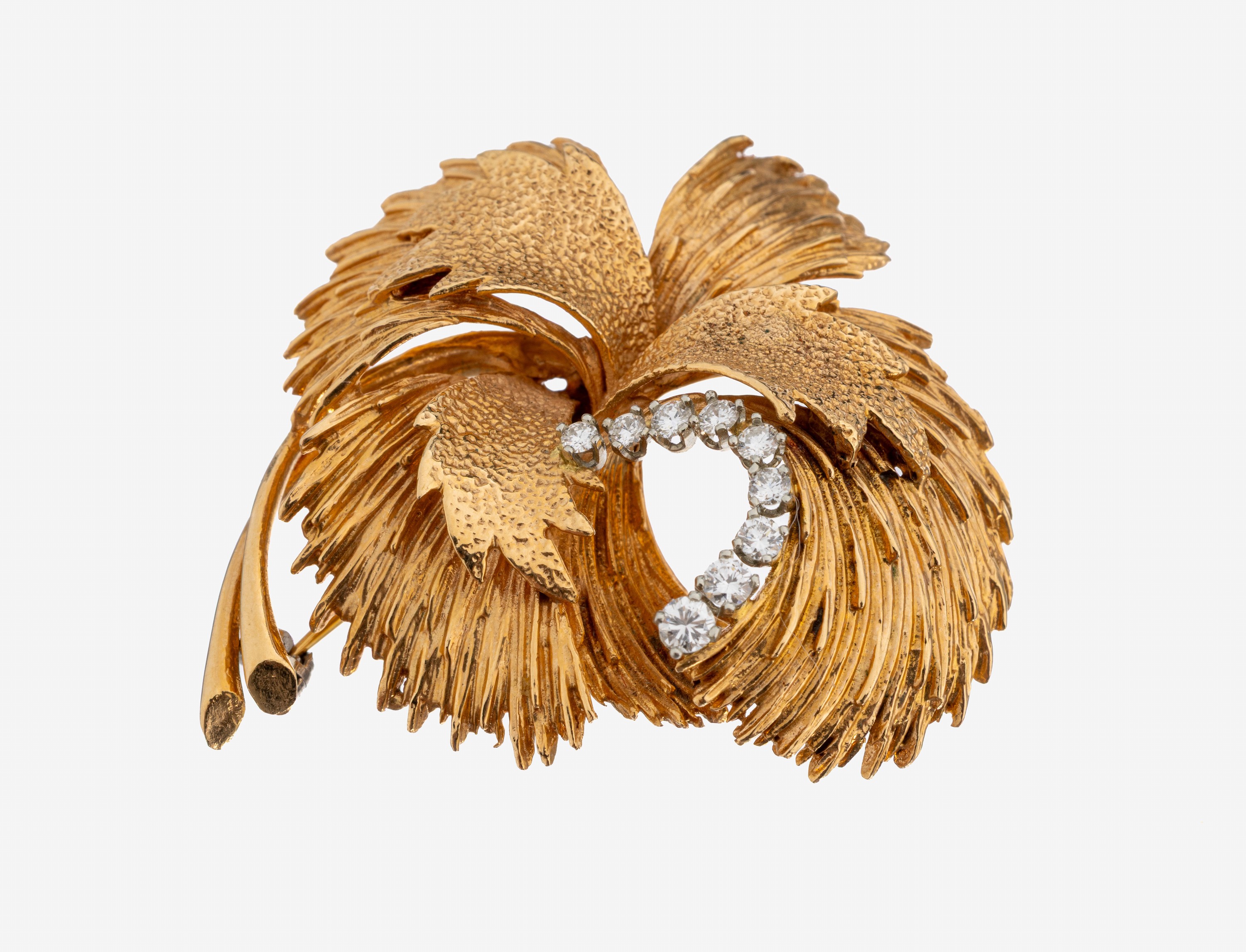 Image 27130617 - 18 kt Gold Brillant-Brosche, 1950er-60er Jahre, GG/WG 750/000, floral, Oberfläche ...
