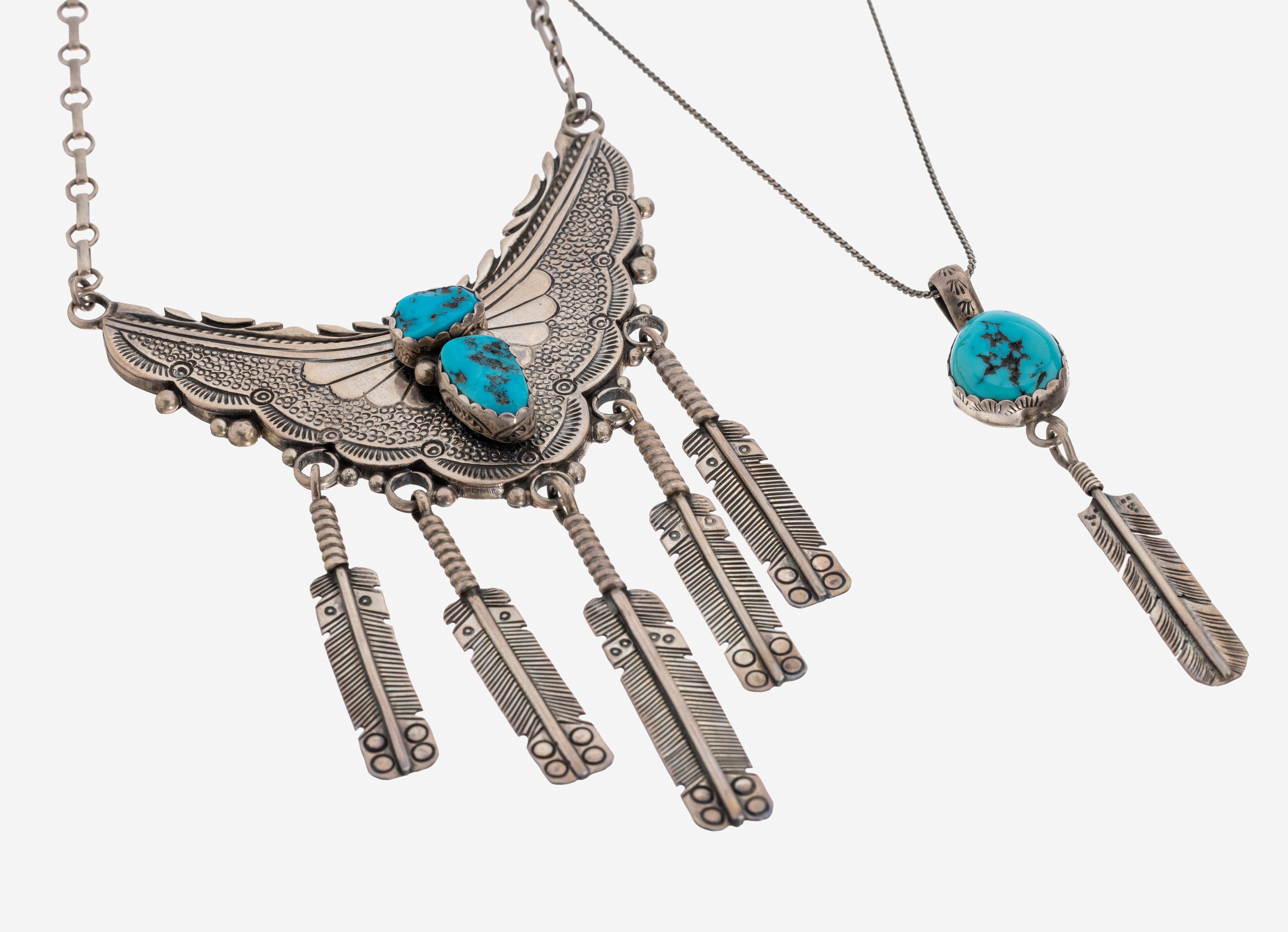 Image 27130627 - Navajo Türkis-Collier, 925er Silber, Mittelteil mit Reliefdekor, 2 Türkise mit ...