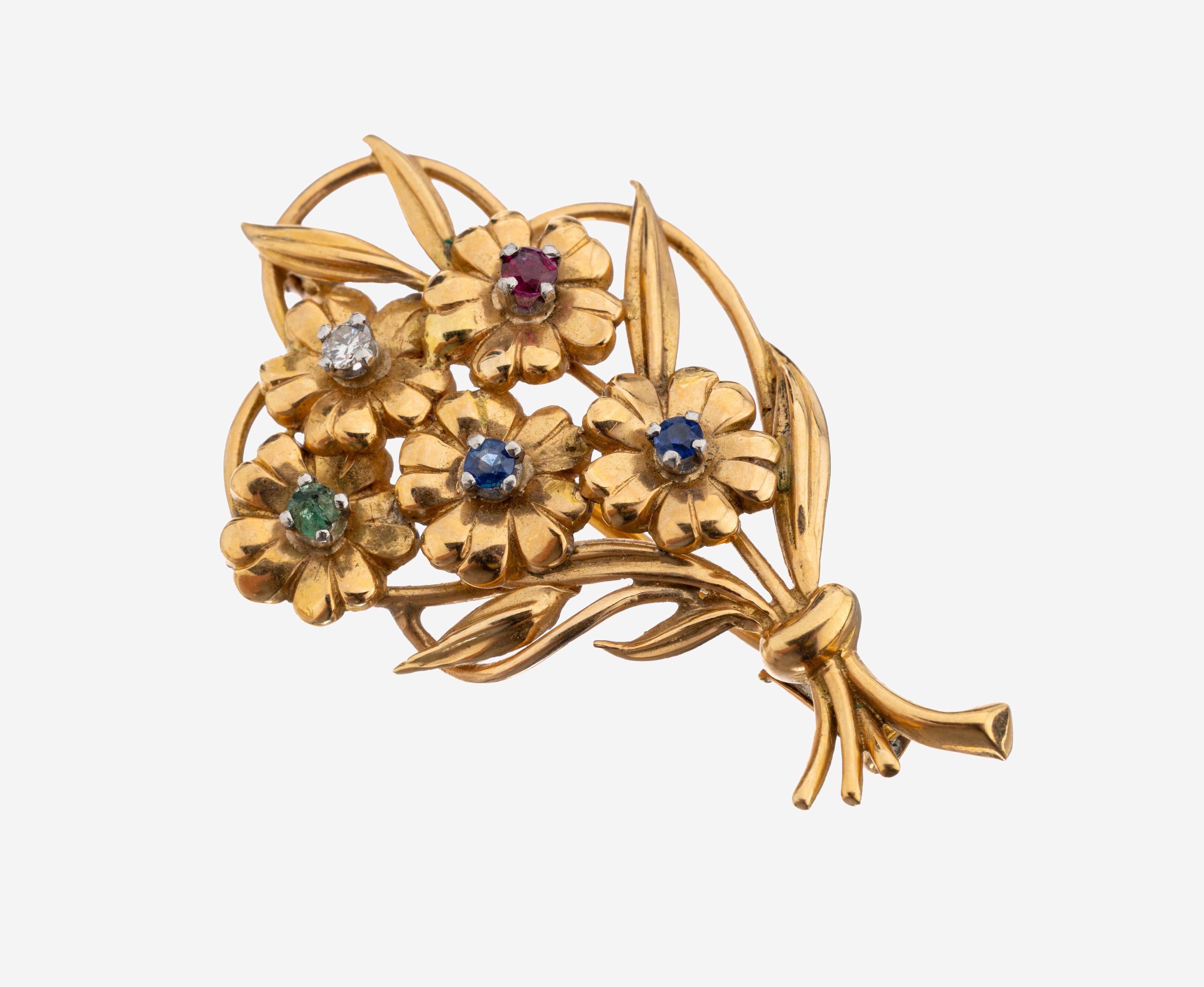 Image 27130648 - 18 kt Gold Farbstein-Brillant-Brosche, 1960er Jahre, GG 750/000, florale Gestaltung, 2 ...