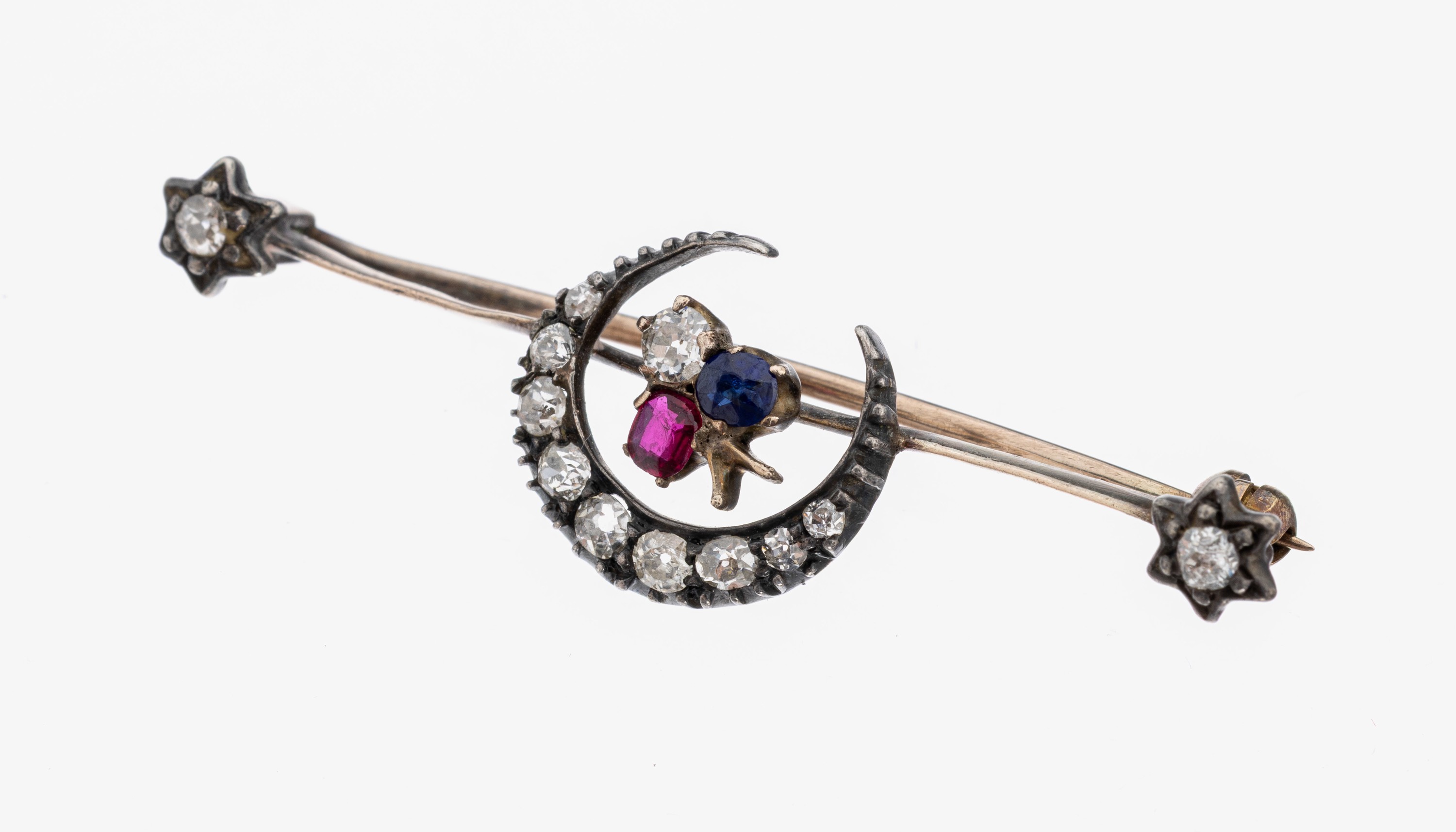 Image 27130679 - 14 kt Gold und Silber Saphir-Rubin-Diamant- Brosche, um 1880, RG 585/000 gepr. und ...