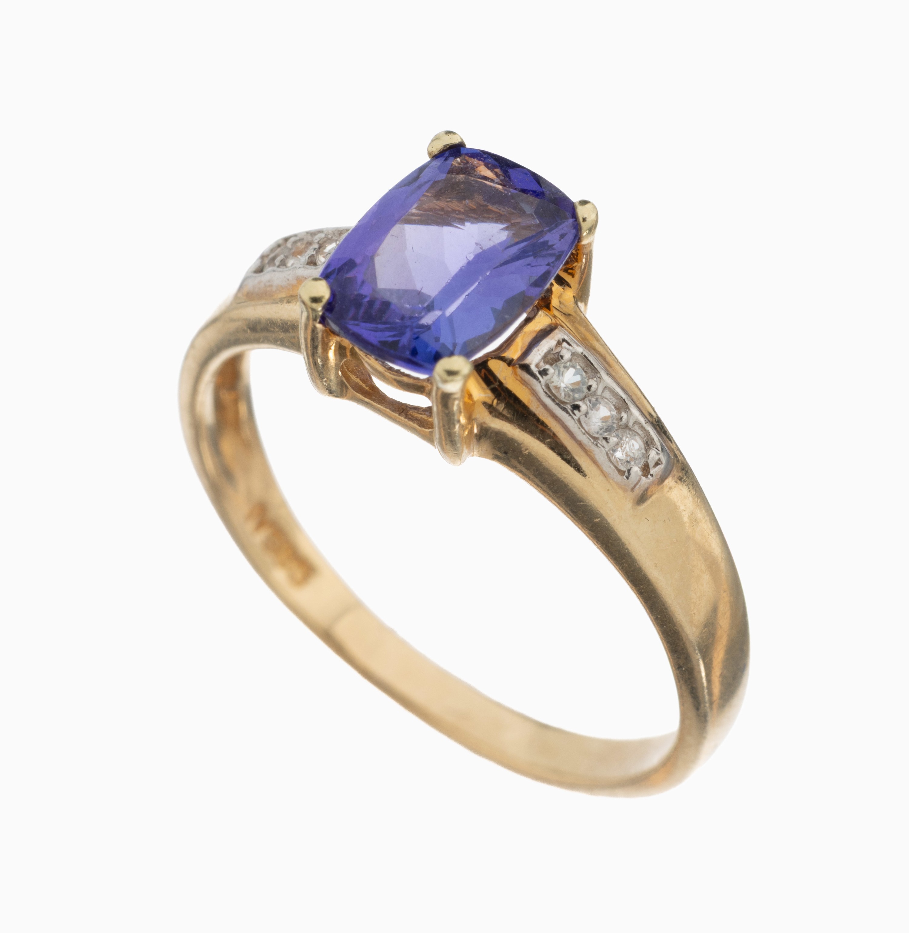 Image 27130690 - 14 kt Gold Tansanit-Saphir-Ring, GG 585/000, Tansanit im Kissenschliff ca. 1.20 ct, 6 ...