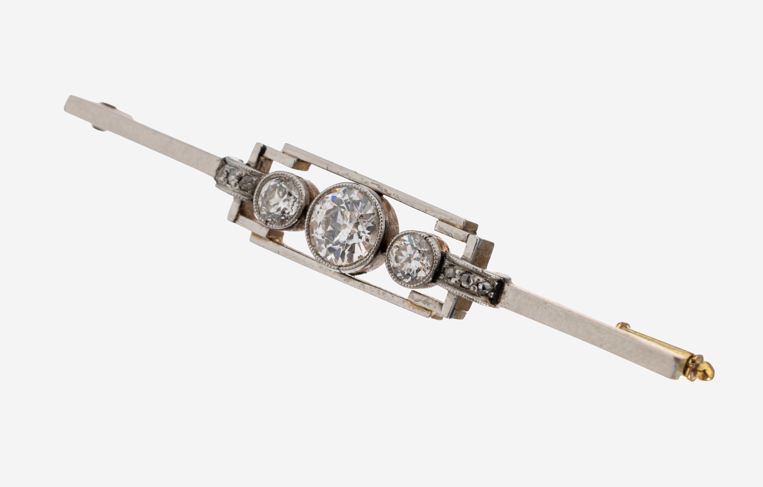 Image 27130694 - 14 kt Gold Art Deco Diamant-Brosche, um 1925, GG 585/000 gepr., schauseitig Platin, ...