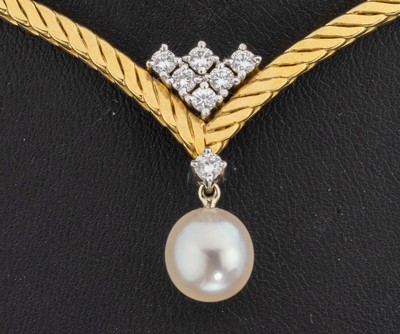 27130611a - 18 kt Gold Brillant-Perl-Collier, GG/WG 750/000, qualitätvolle Verarbeitung, 7 in WG ...