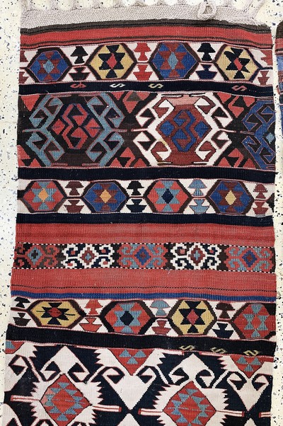 27130628a - Konya Kilim antique, Turkey, 19th century, wool on wool, approx. 390 x 155 cm, two ...